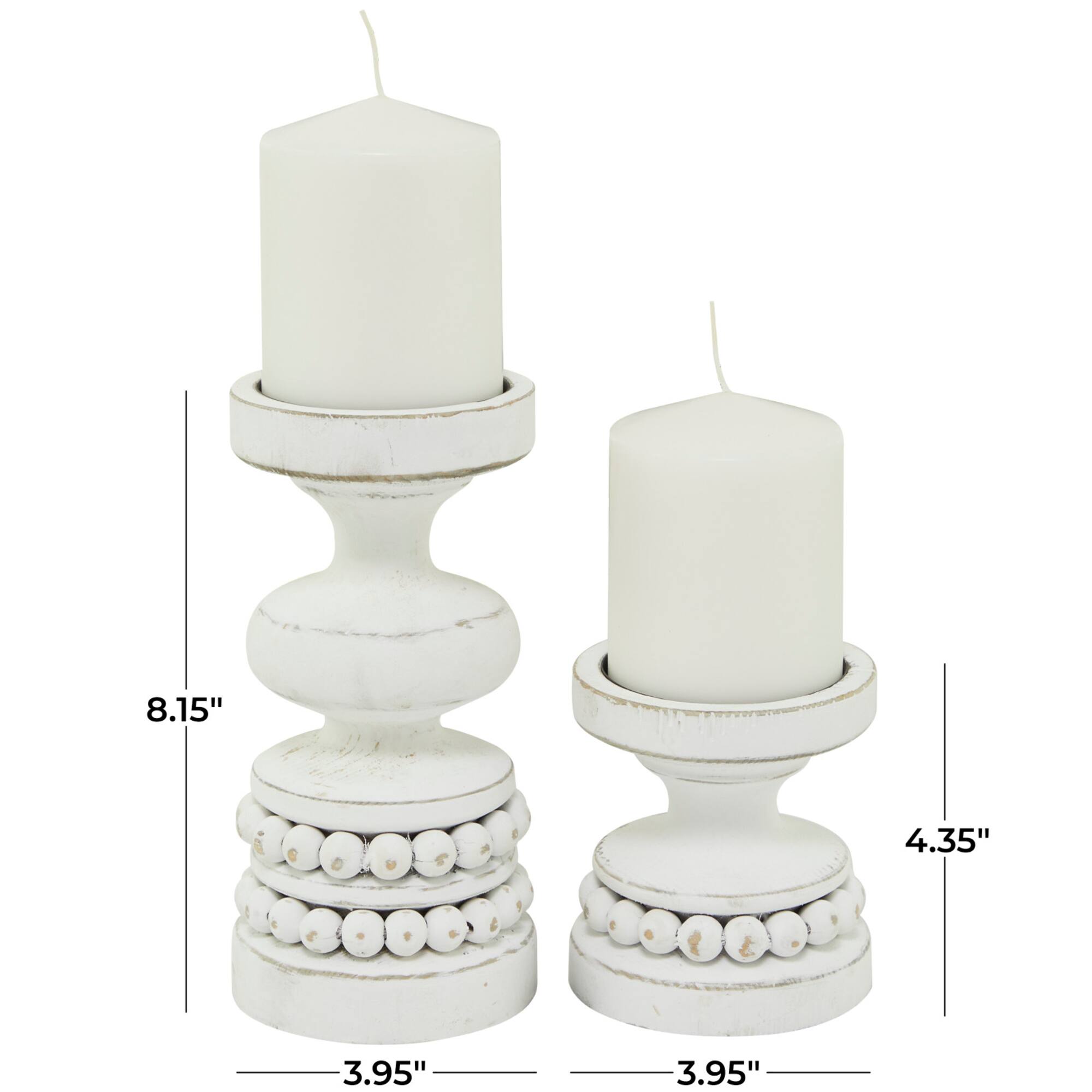 White Wood Beaded Pillar Candle Holder Set